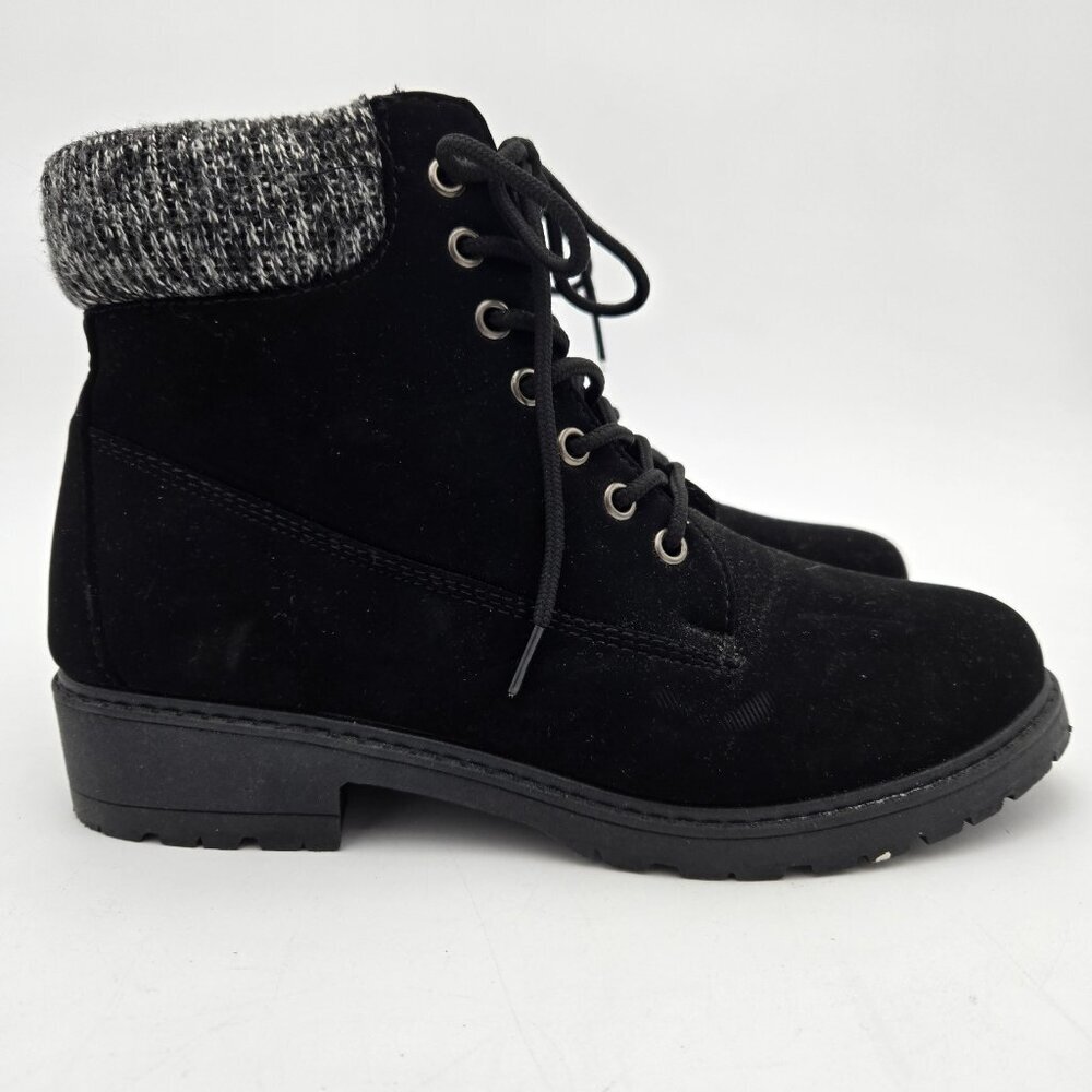 Blue Suede Shoes Boots Womens Black Lace up Faux Suede‎ Size 9 EUC Knit Trim - Picture 5 of 7